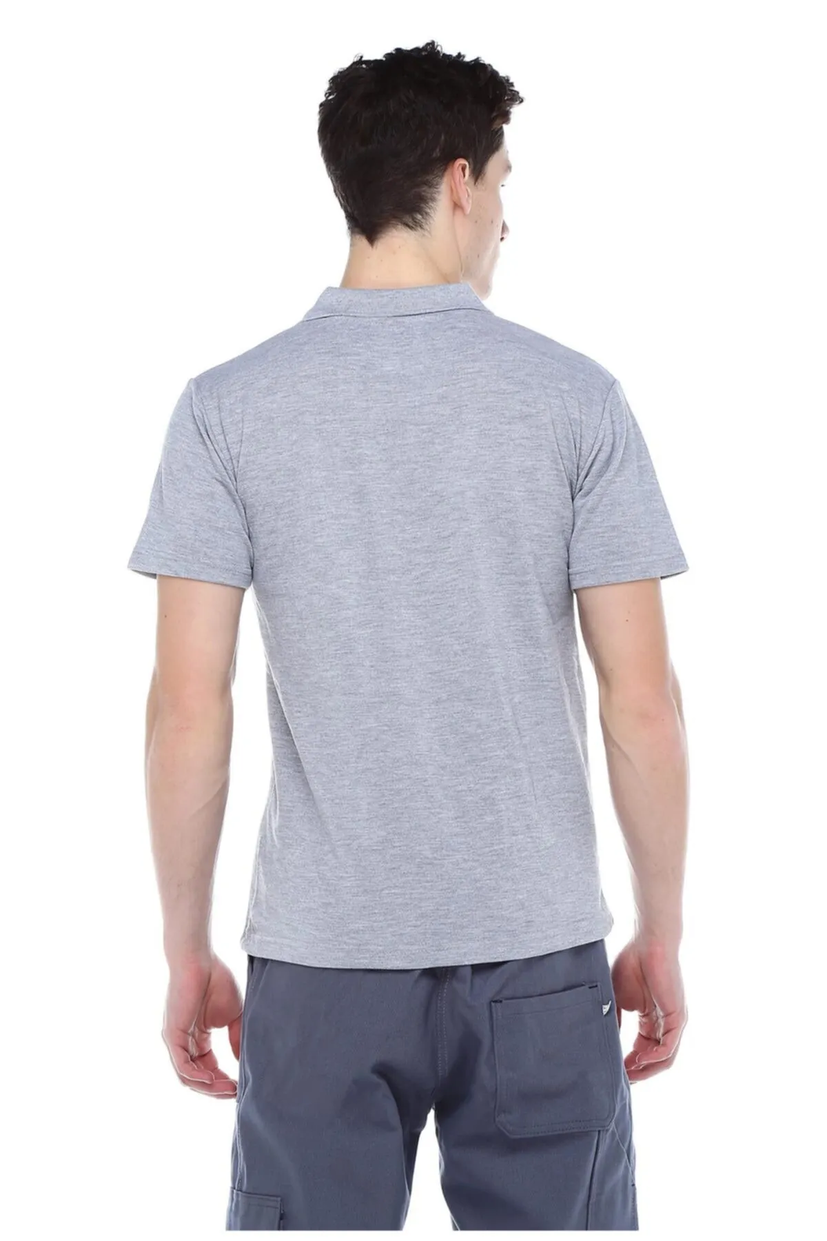 Open-End Polo Yaka Gri Tişört - Görsel 3